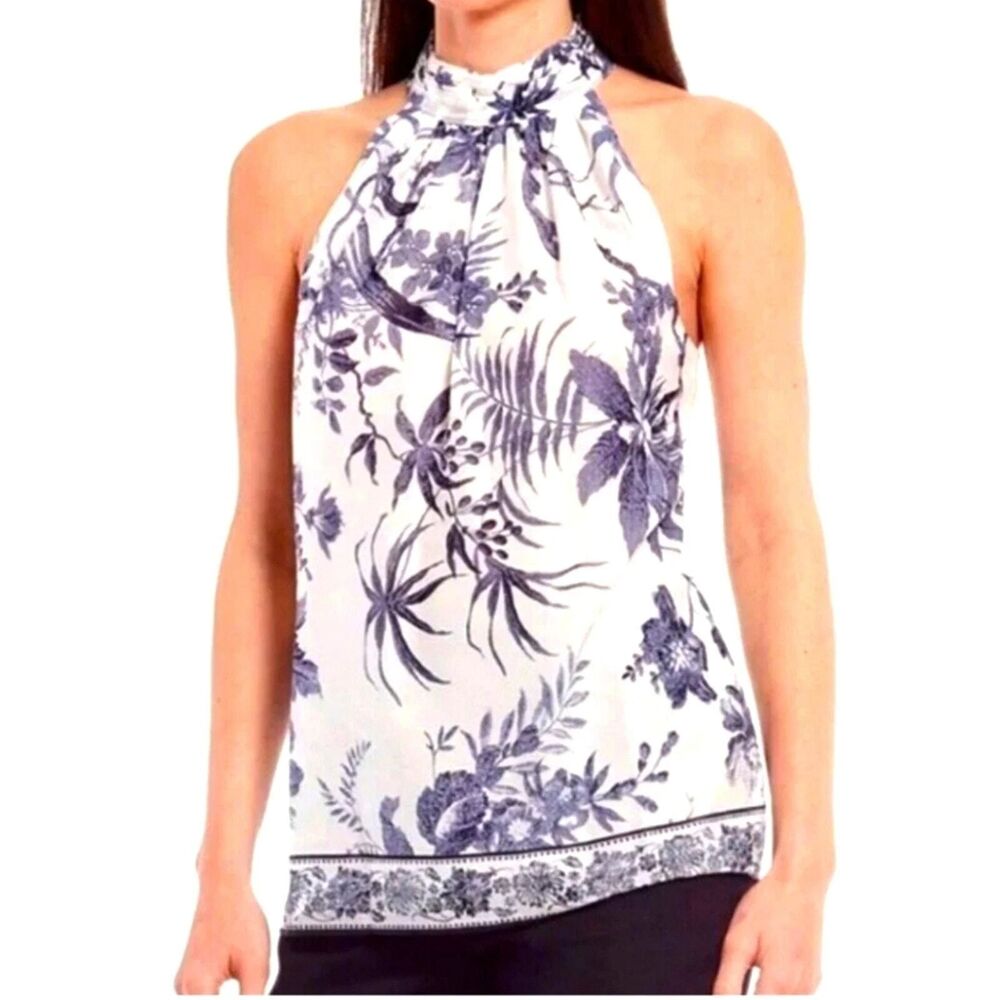 Tahari Halter Neck Floral Flowy Lined Blouse White Blue Size S Classy Feminine